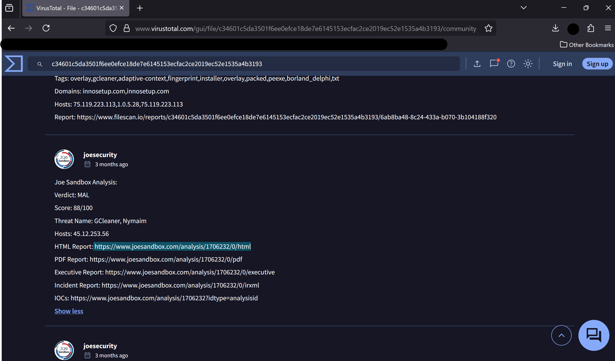 VirusTotal name and version of the malware